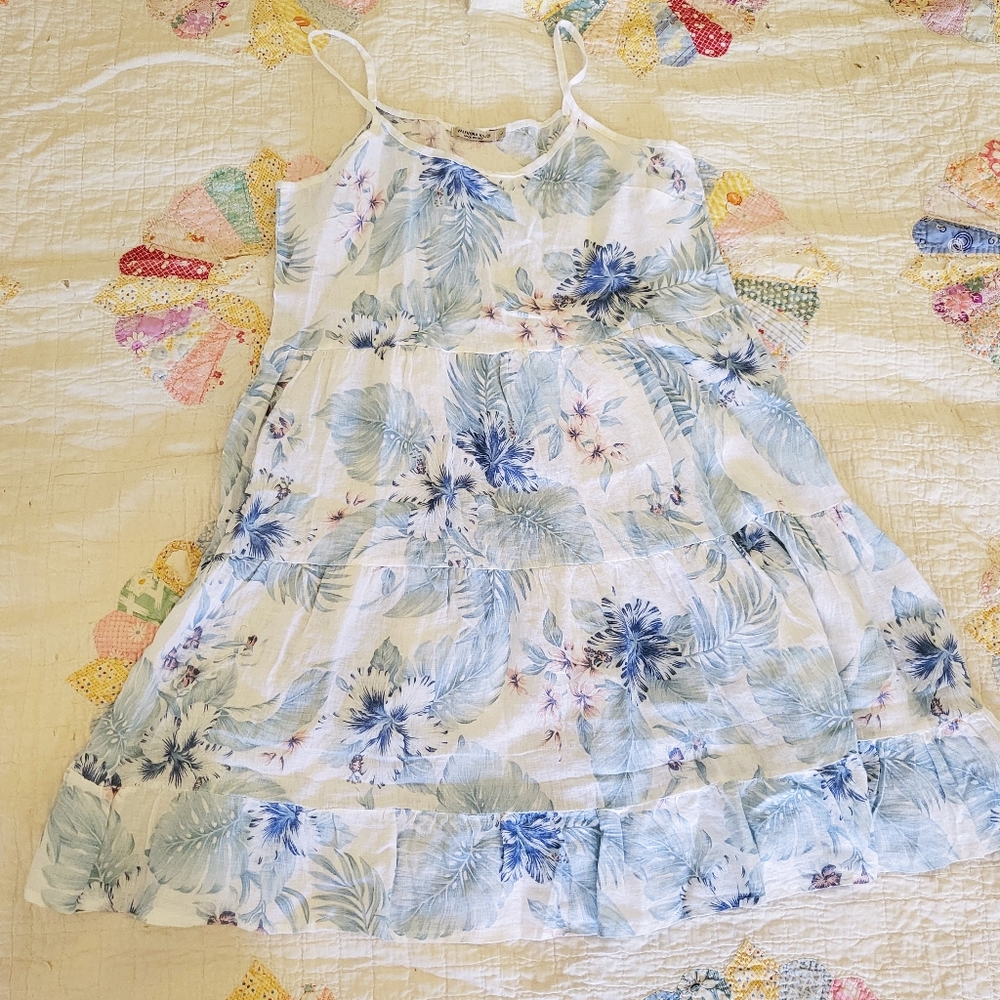 Linen Tropical Print Tiered Dress